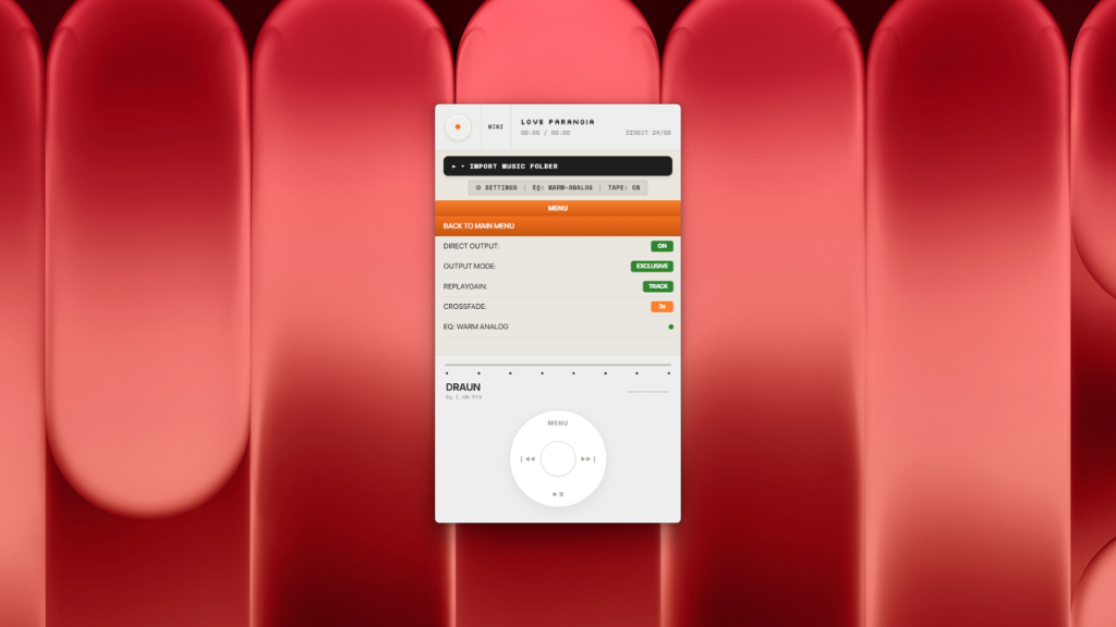 DRAUN music player audio settings view