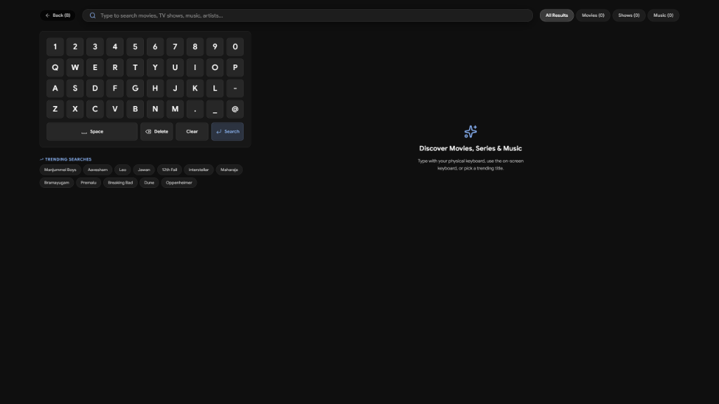 Kaira on-screen TV remote keyboard and trending search interface