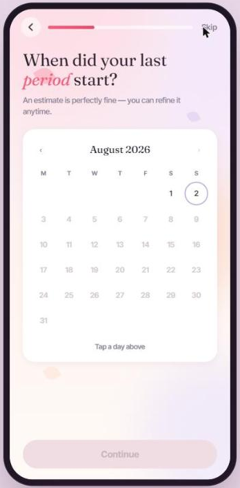 Last period date calendar picker onboarding screen