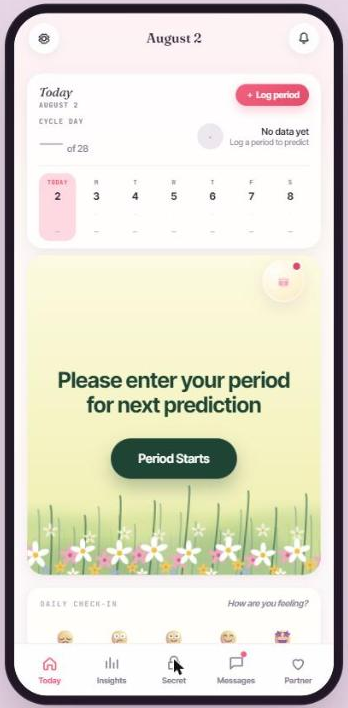 Luna app home dashboard showing today's cycle day, calendar strip, and daily check-in