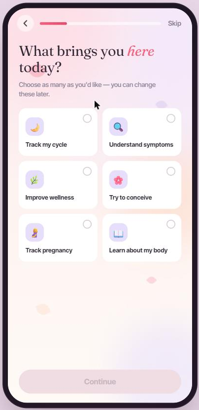Wellness goals card-selection onboarding screen