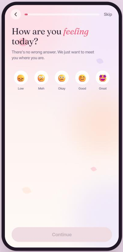 Onboarding mood check-in screen asking how the user is feeling today