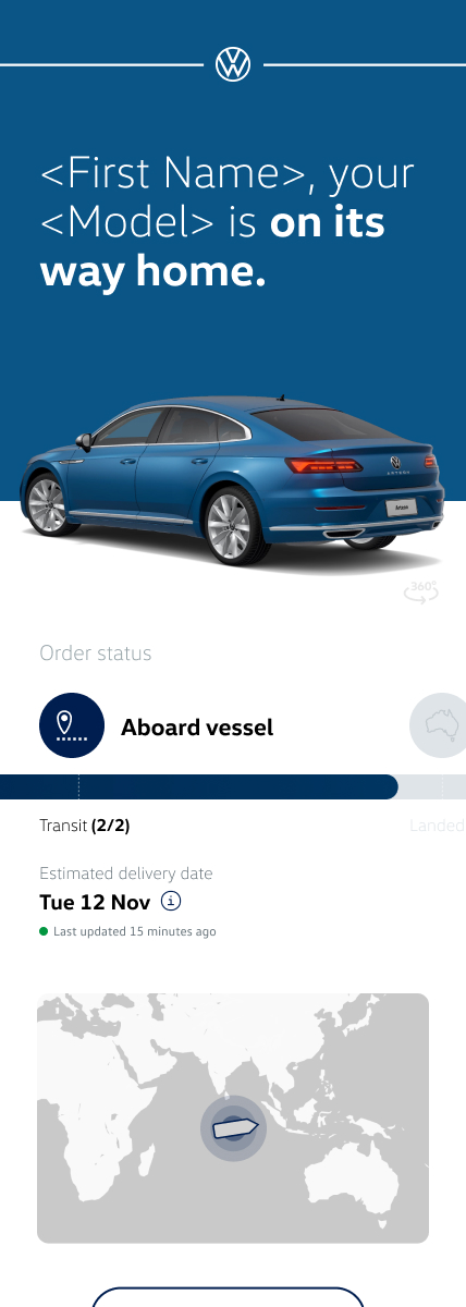VW order-status screen showing a vehicle aboard a vessel, in transit, with estimated delivery date