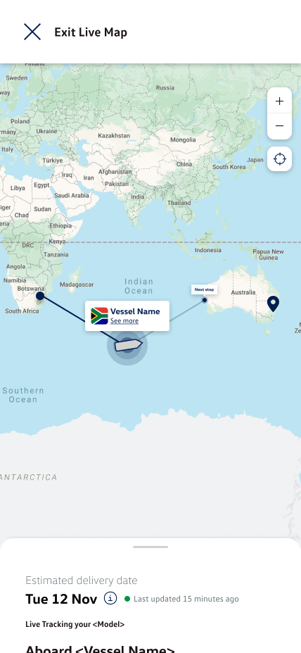 Live map with a next-stop label appearing as the vessel approaches Australia