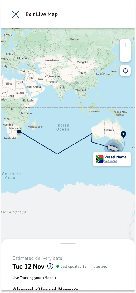 Live map showing the vessel's full route from Cape Town, South Africa to Sydney, Australia