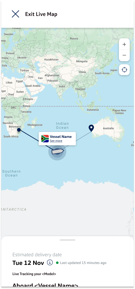 Zoomed-in live map showing the vessel's current position mid-ocean