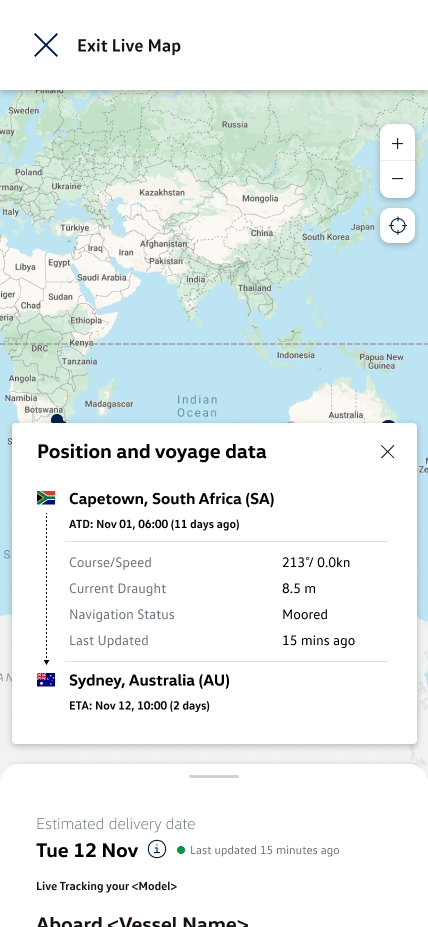 Position and voyage data card showing course, speed, draught, and navigation status for the vessel
