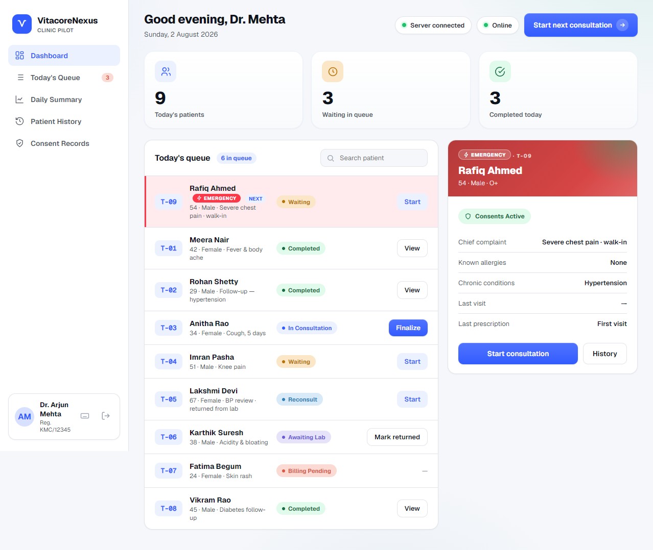 VitacoreNexus doctor dashboard showing today's queue and a patient's consultation panel